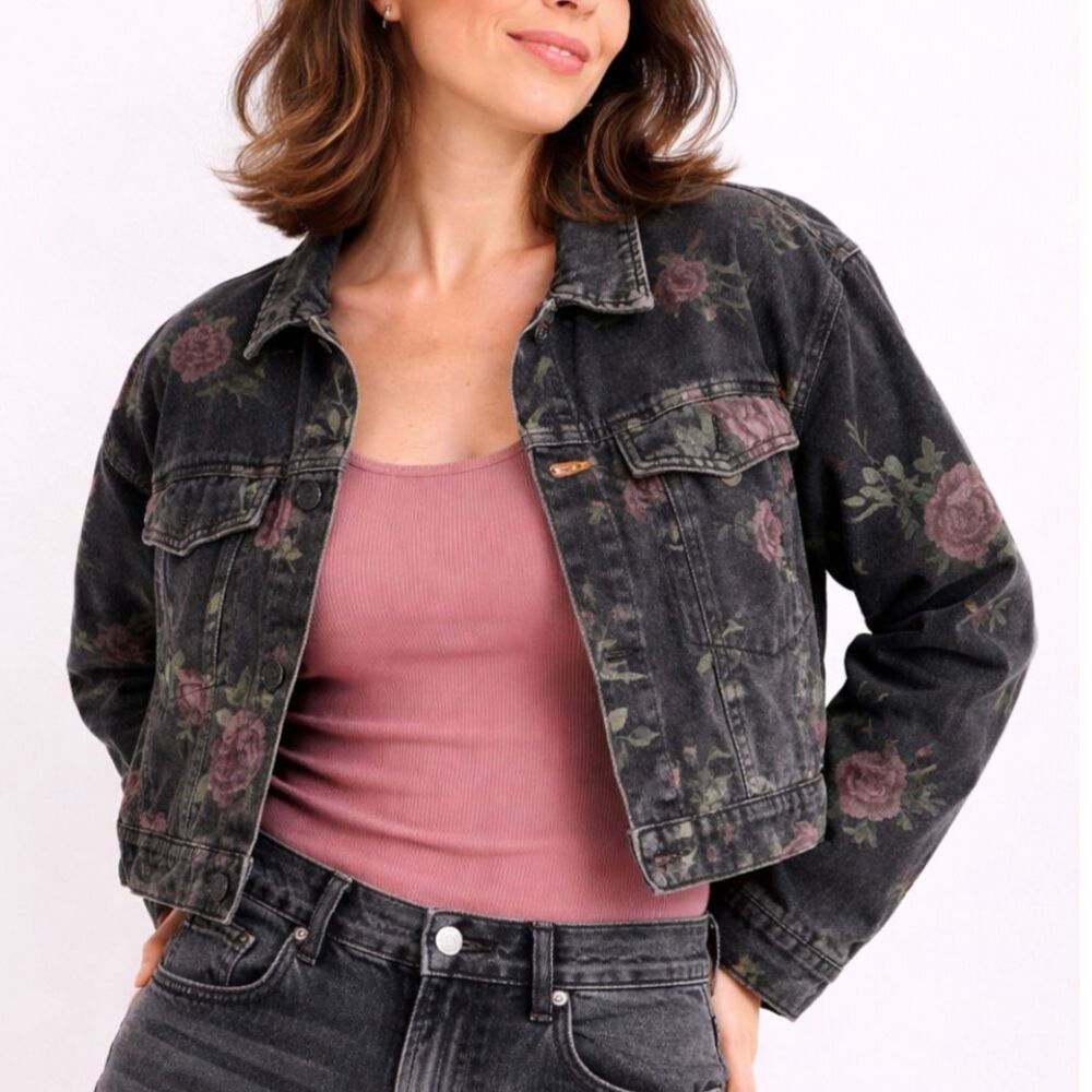 Monki Black Denim Cropped Jacket S Dusty Pink Rose Wash Floral Whimsigoth Boho